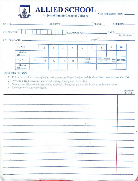 Allied Schools Exam Answer Sheet Official Test Stationery textbook cover — official Allied School Copies & Stationery curriculum book